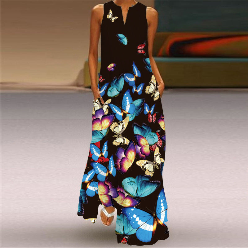 Women's Sleeveless v-Neck Butterfly Print Dress