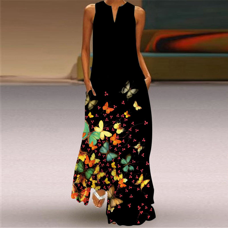 Women's Sleeveless v-Neck Butterfly Print Dress
