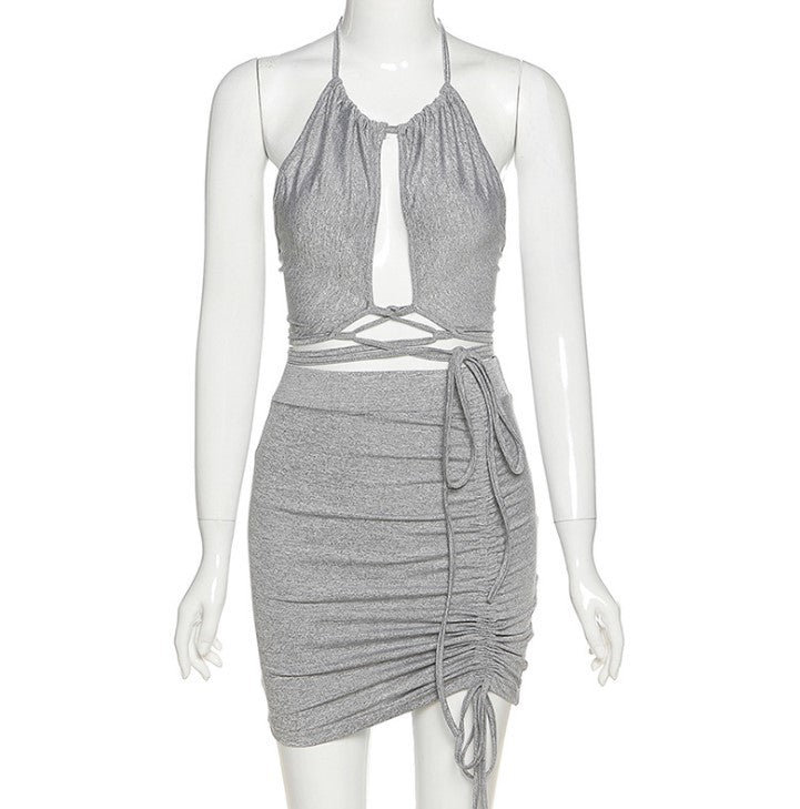 Halter Strap Hollow Vest Drawstring Short Skirt Sexy Suit