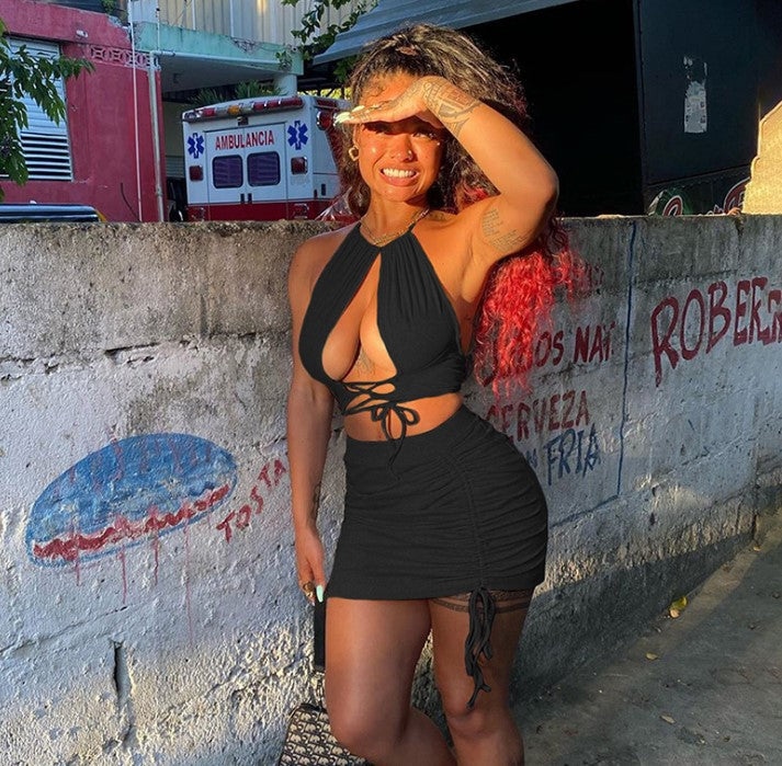 Halter Strap Hollow Vest Drawstring Short Skirt Sexy Suit