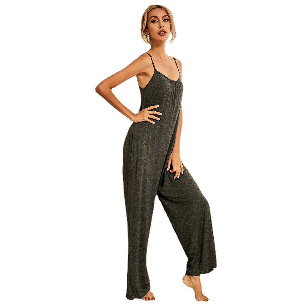 Cross Border Women''s Round Neck Suspender Jumpsuit Modal Solid Color Jumpsuit