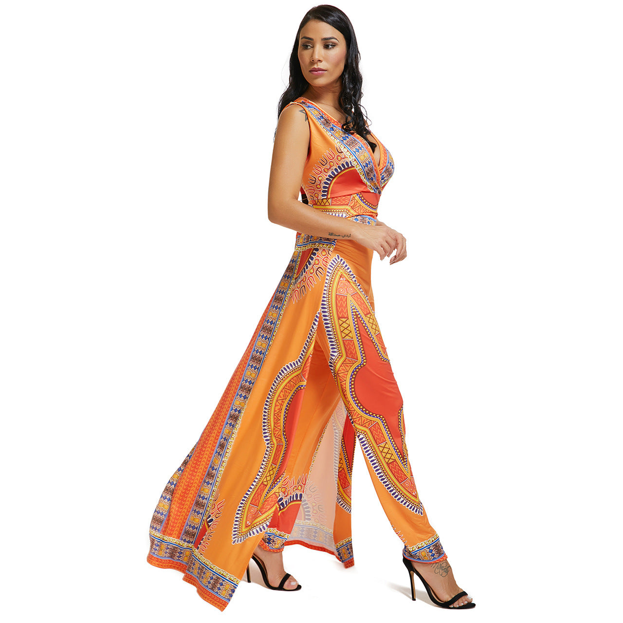 Positioning Print Orange Ethnic Jumpsuit