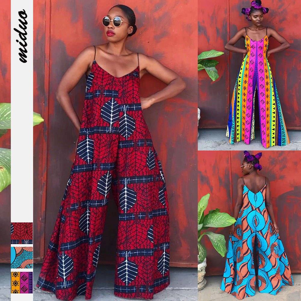 Women'S V-Neck Jumpsuit With Digital Print Suspenders