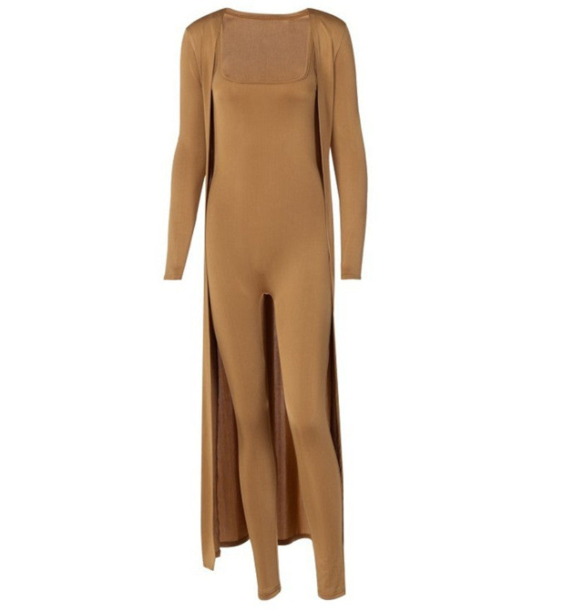 Pure Color Reflective Sexy Backless Casual Jumpsuit Jacket Set