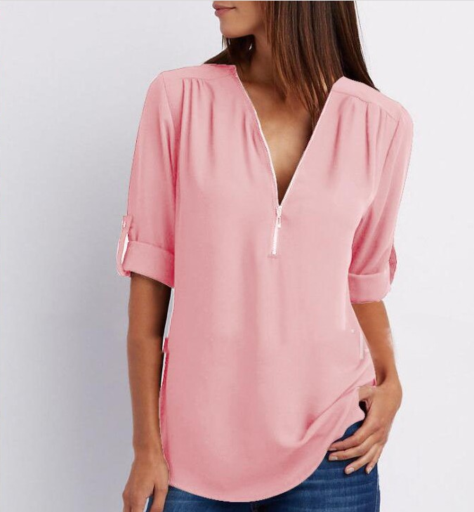 Women V-Neck Zipper T Shirt Loose Casual Blouse Long Sleeve Summer Top Plus Size - Hendrick Brun