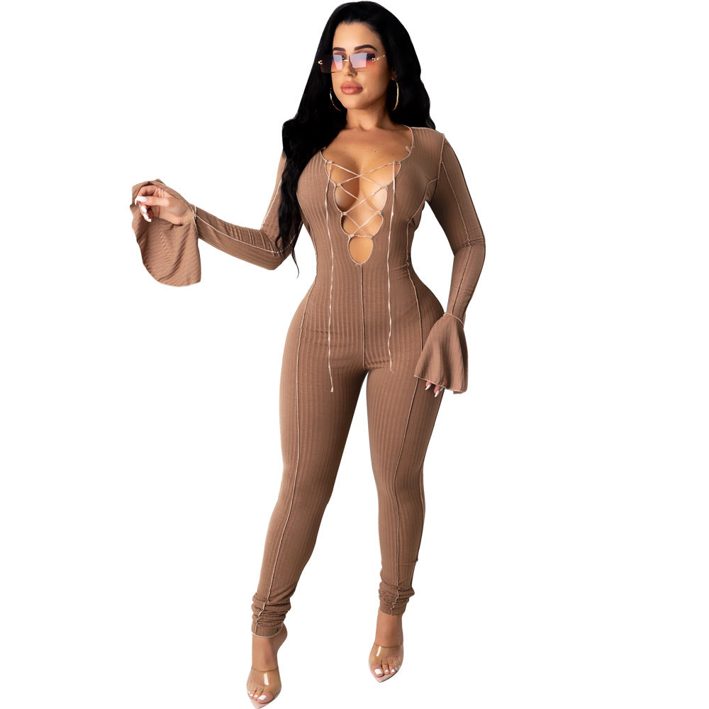 Womens Lace up Sleeved Jumpsuit - Hendrick Brun