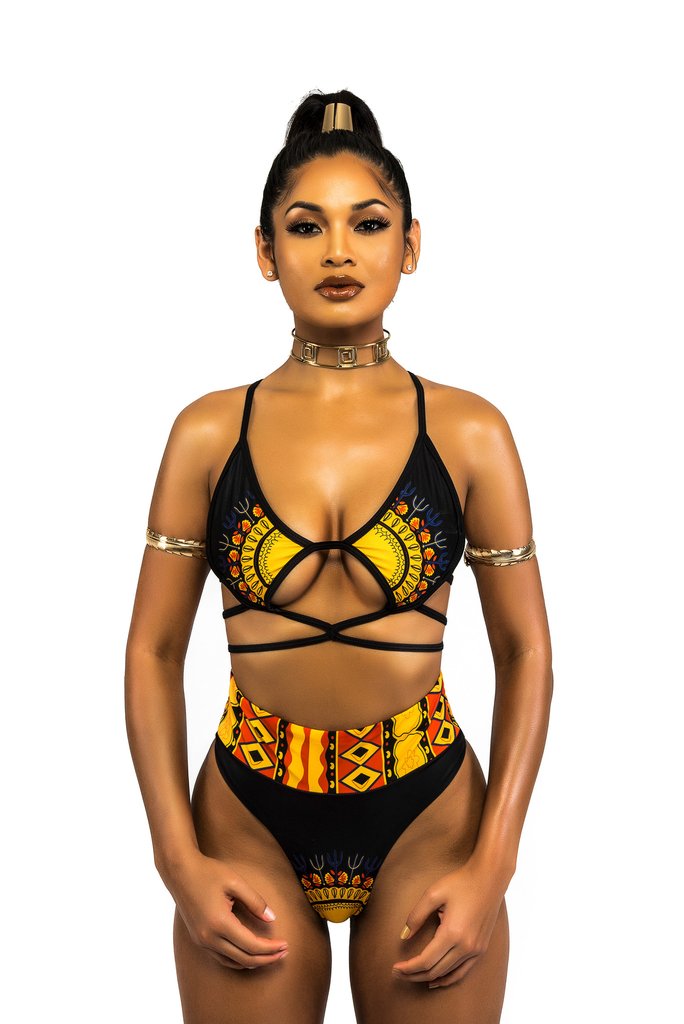 African Geometric Print Strappy Top High Waist Bottom Bikini