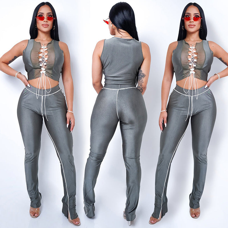 Womens Tie up Fitted Vest and Pants Set - Hendrick Brun