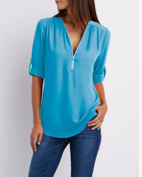 Women V-Neck Zipper T Shirt Loose Casual Blouse Long Sleeve Summer Top Plus Size - Hendrick Brun