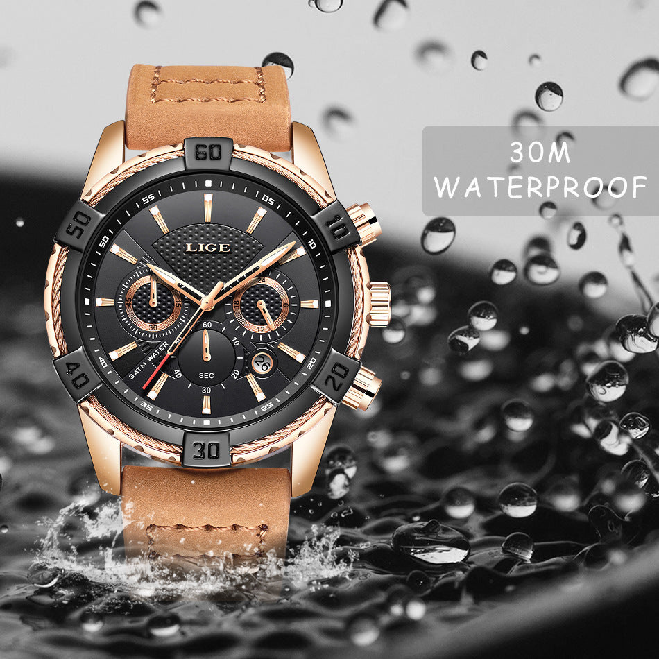 LIGE Mens Watch Waterproof Scratch resistant luminous hands comfortable leather band - Hendrick Brun