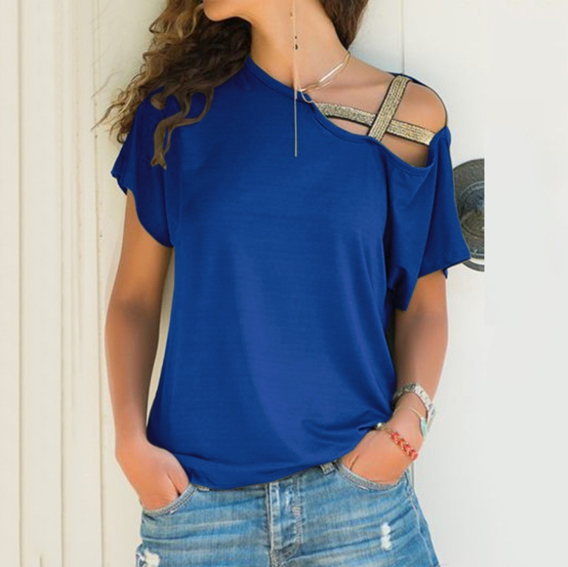 Womens Summer T Shirt Flare Short Sleeve Cold Shoulder Casual Loose Solid Blouse - Hendrick Brun