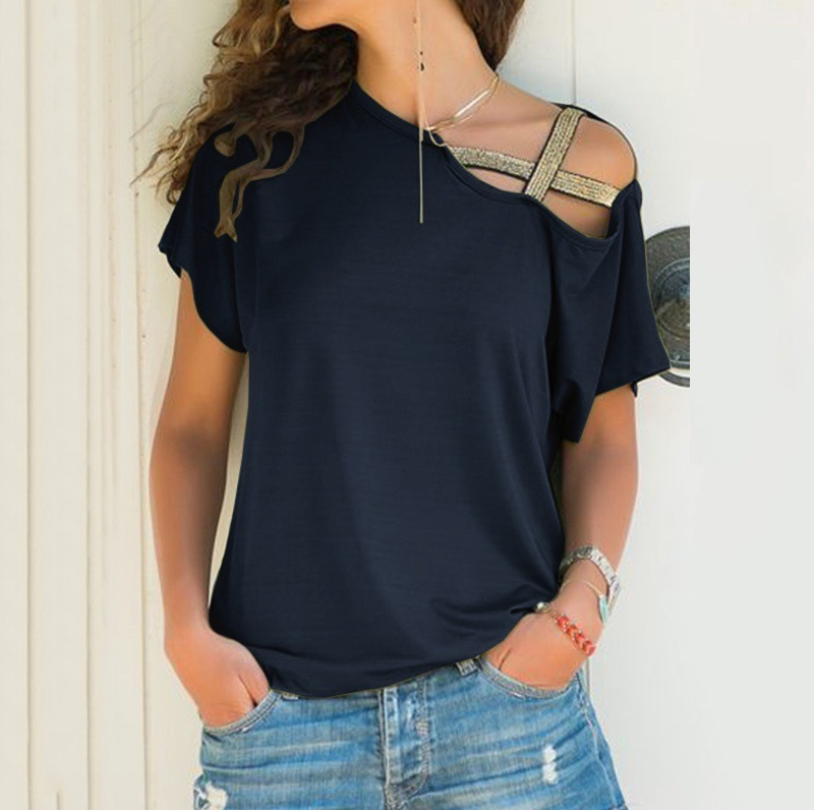 Womens Summer T Shirt Flare Short Sleeve Cold Shoulder Casual Loose Solid Blouse - Hendrick Brun