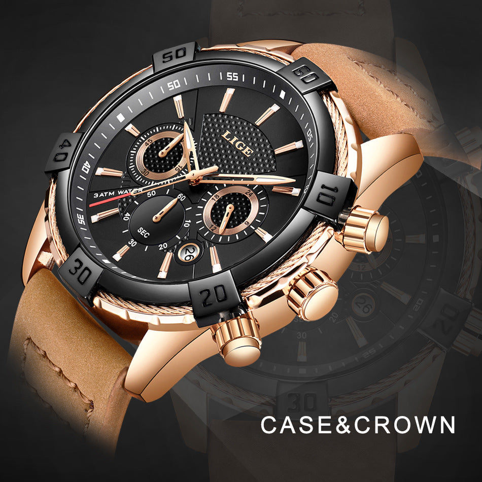 LIGE Mens Watch Waterproof Scratch resistant luminous hands comfortable leather band - Hendrick Brun