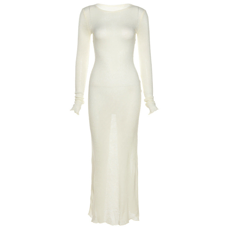 Fashion Trend Women's New Long-sleeved Round Neck Bag Hip Slim Slim Dress