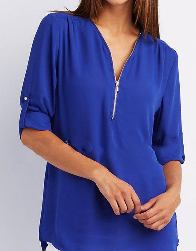 Women V-Neck Zipper T Shirt Loose Casual Blouse Long Sleeve Summer Top Plus Size - Hendrick Brun