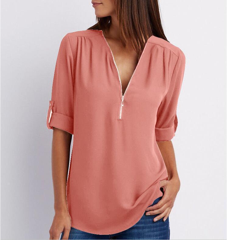 Women V-Neck Zipper T Shirt Loose Casual Blouse Long Sleeve Summer Top Plus Size - Hendrick Brun