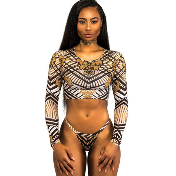European and American women's long sleeve printed thong bikini