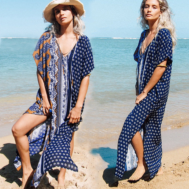 V-Neck Short Sleeve Floor Length Swimsuit Cover Up