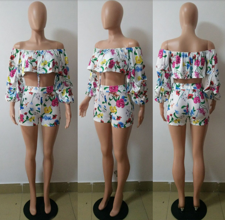 Sexy off the shoulders pile sleeves shorts two-piece - Hendrick Brun