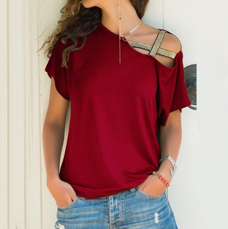 Womens Summer T Shirt Flare Short Sleeve Cold Shoulder Casual Loose Solid Blouse - Hendrick Brun