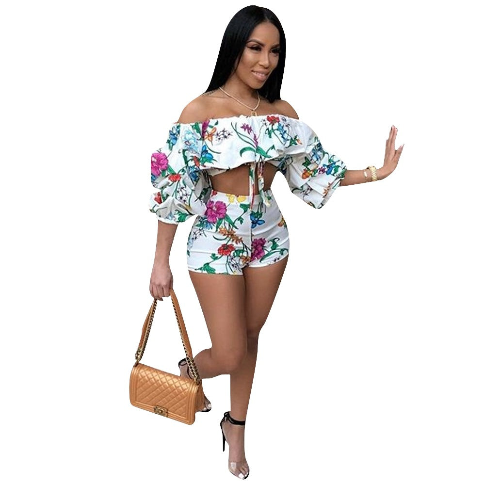 Sexy off the shoulders pile sleeves shorts two-piece - Hendrick Brun