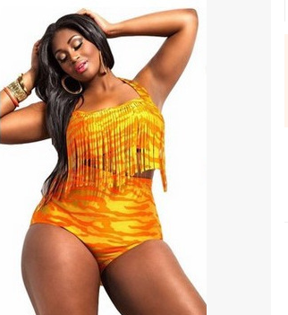Europe and the United States plus fertilizer XL high waist bikini sexy color tassel swimsuit