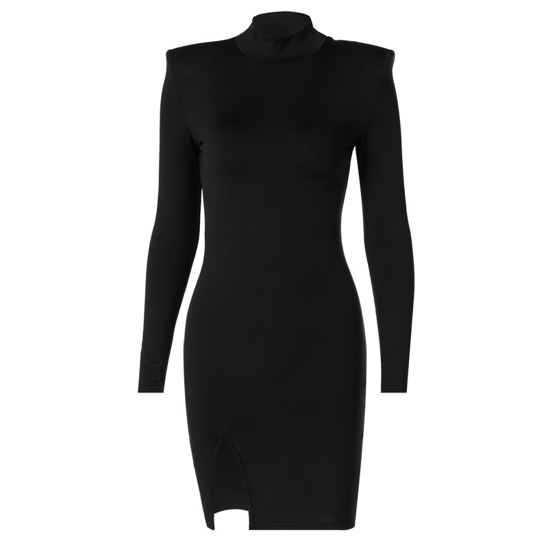 Womens Long-sleeved Mock Neck Slit Dress