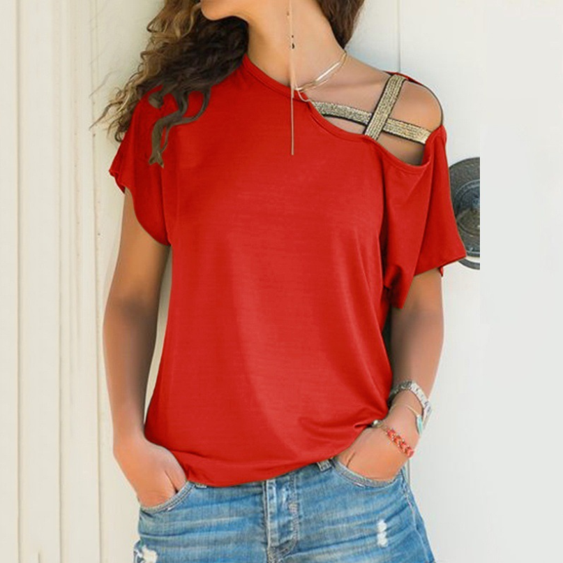 Womens Summer T Shirt Flare Short Sleeve Cold Shoulder Casual Loose Solid Blouse - Hendrick Brun