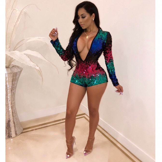 Womens V-neck Sequence Sequin Jumpsuit Romper Shorts - Hendrick Brun
