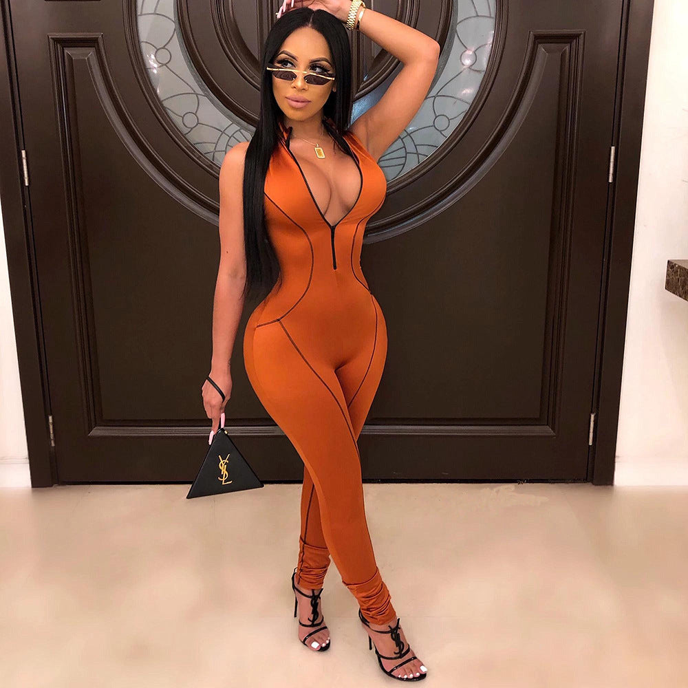 Deep V-Neck Striped jumpsuit
