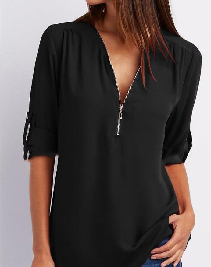 Women V-Neck Zipper T Shirt Loose Casual Blouse Long Sleeve Summer Top Plus Size - Hendrick Brun