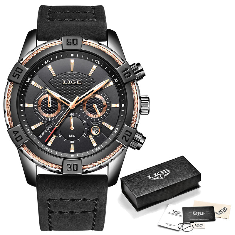 LIGE Mens Watch Waterproof Scratch resistant luminous hands comfortable leather band - Hendrick Brun