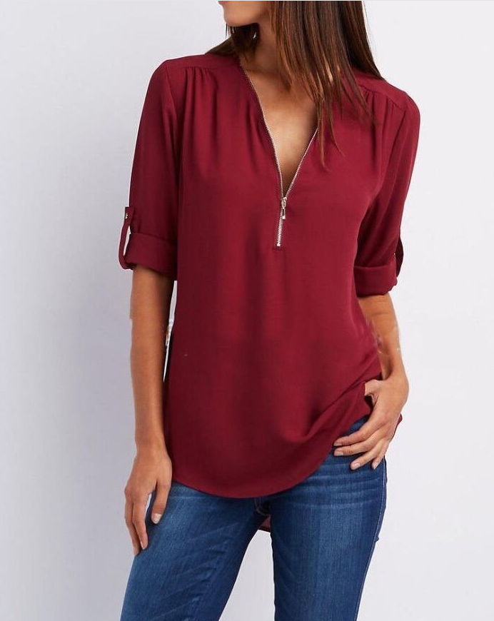 Women V-Neck Zipper T Shirt Loose Casual Blouse Long Sleeve Summer Top Plus Size - Hendrick Brun