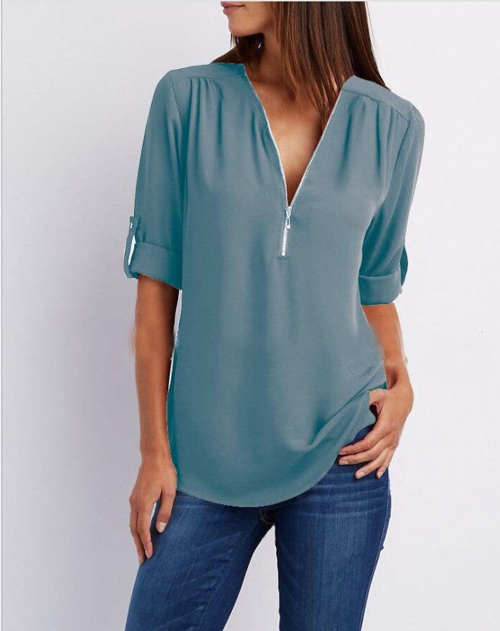 Women V-Neck Zipper T Shirt Loose Casual Blouse Long Sleeve Summer Top Plus Size - Hendrick Brun