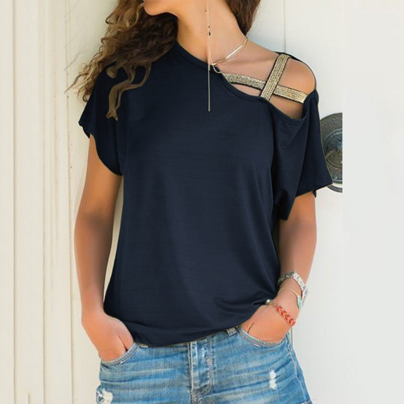 Womens Summer T Shirt Flare Short Sleeve Cold Shoulder Casual Loose Solid Blouse - Hendrick Brun