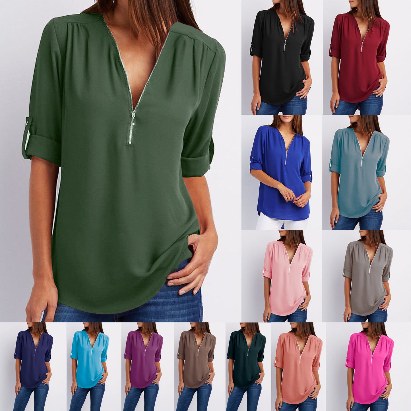 Women V-Neck Zipper T Shirt Loose Casual Blouse Long Sleeve Summer Top Plus Size - Hendrick Brun