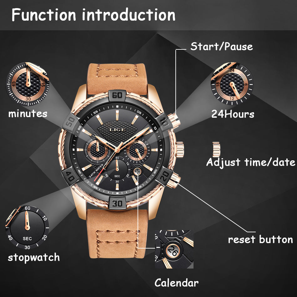 LIGE Mens Watch Waterproof Scratch resistant luminous hands comfortable leather band - Hendrick Brun