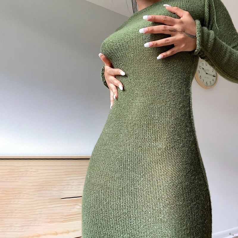 Fashion Trend Women's New Long-sleeved Round Neck Bag Hip Slim Slim Dress