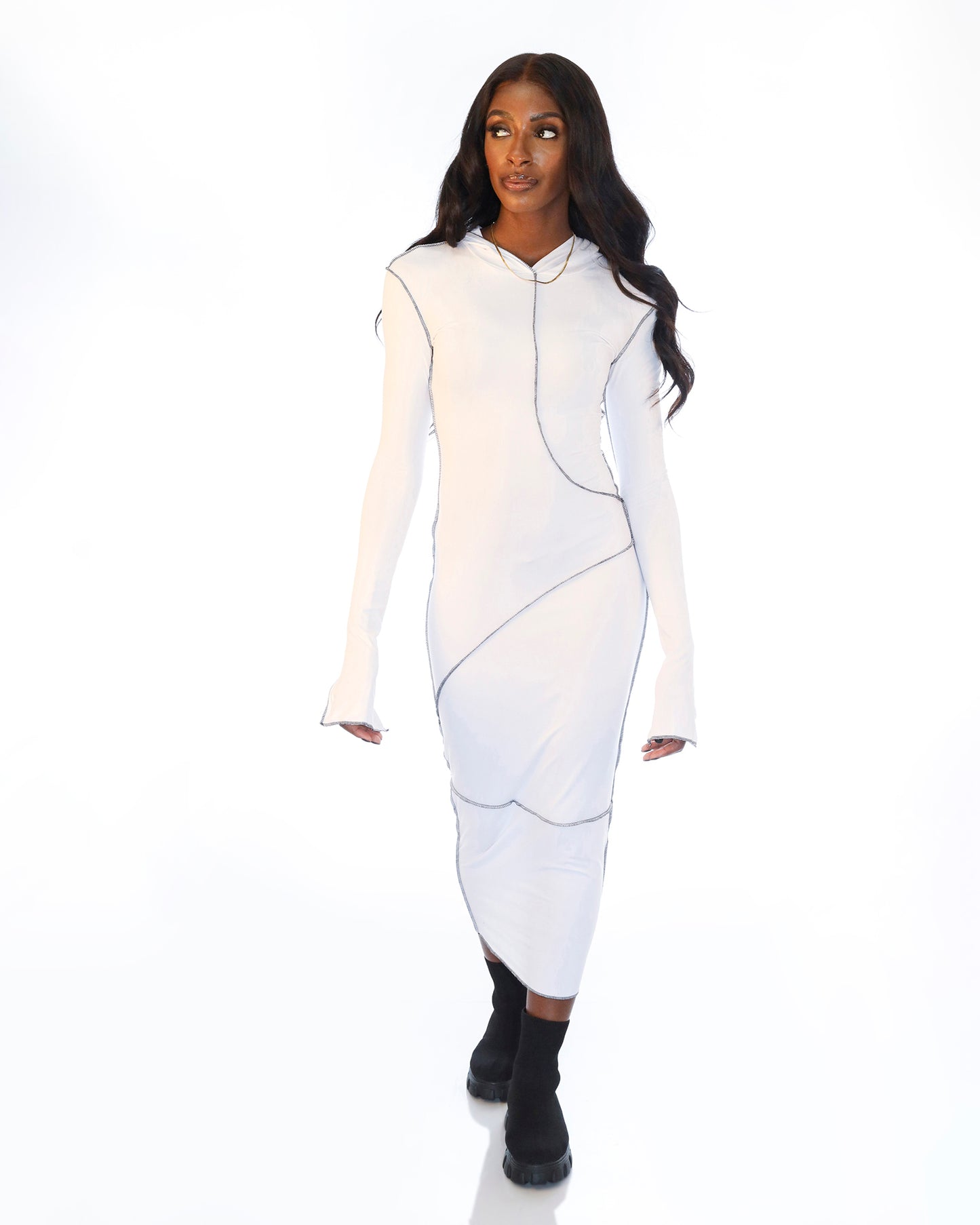 Womens Reverse Stitch Long Sleeved Hoodie Dress