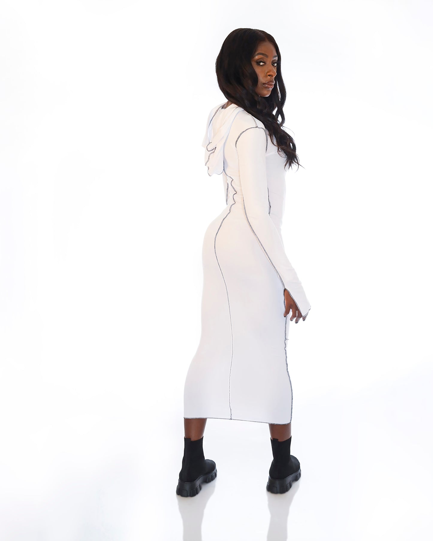 Womens Reverse Stitch Long Sleeved Hoodie Dress