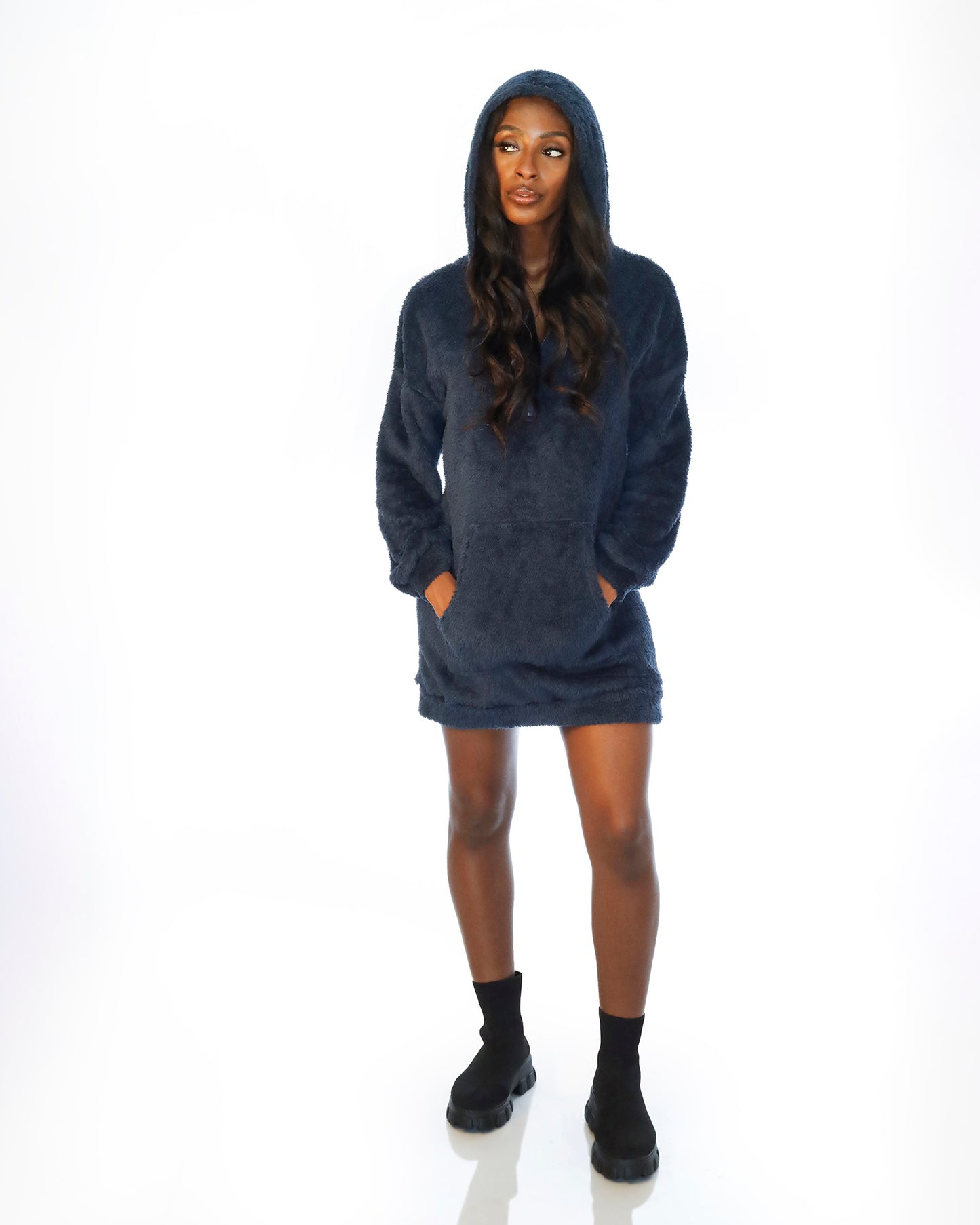 Womens Double Sided Fleece Hooded Loose Plush Sweater Dress with Pockets