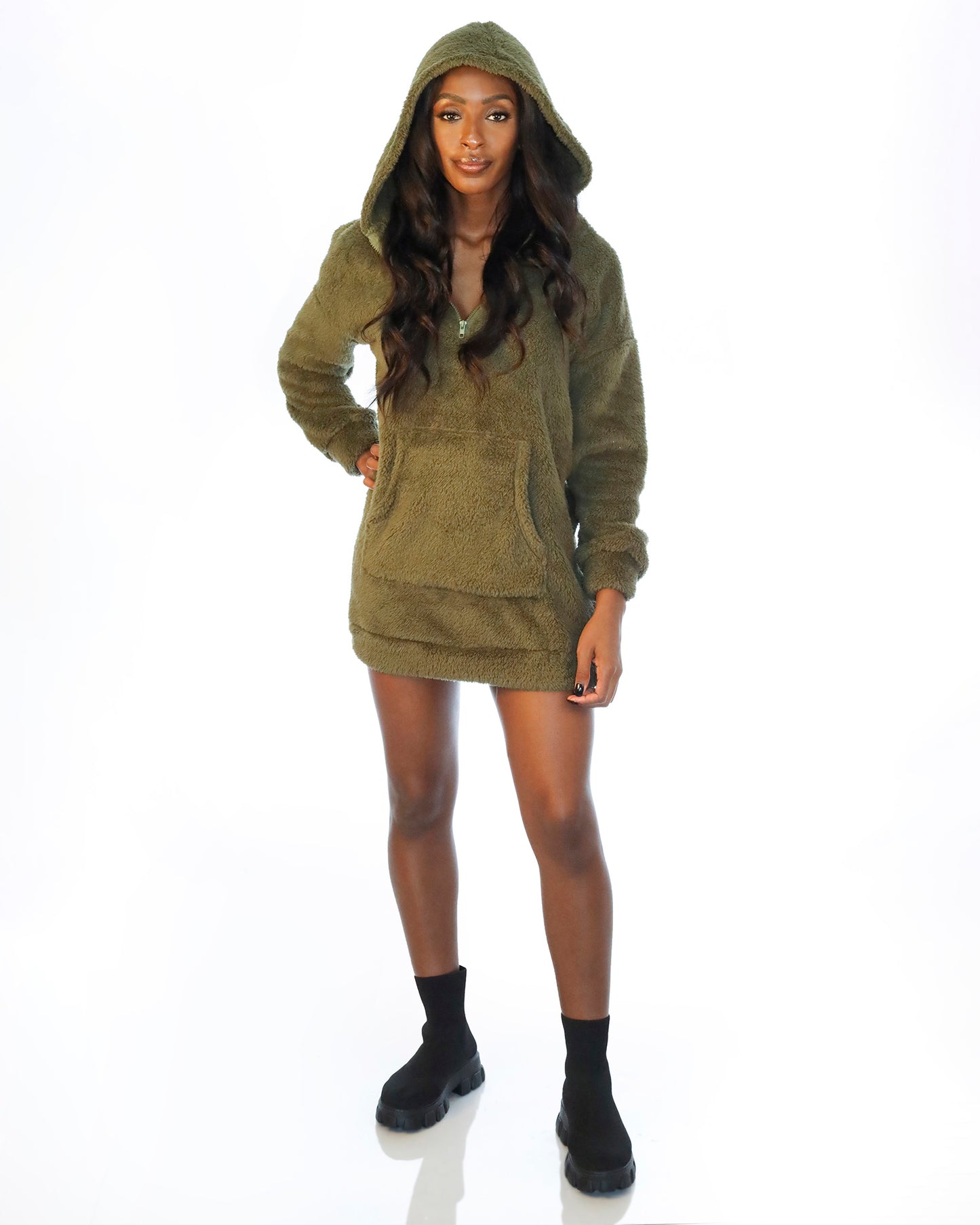 Womens Double Sided Fleece Hooded Loose Plush Sweater Dress with Pockets