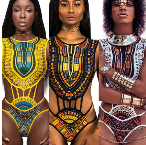 High waisted swimsuit with African design.