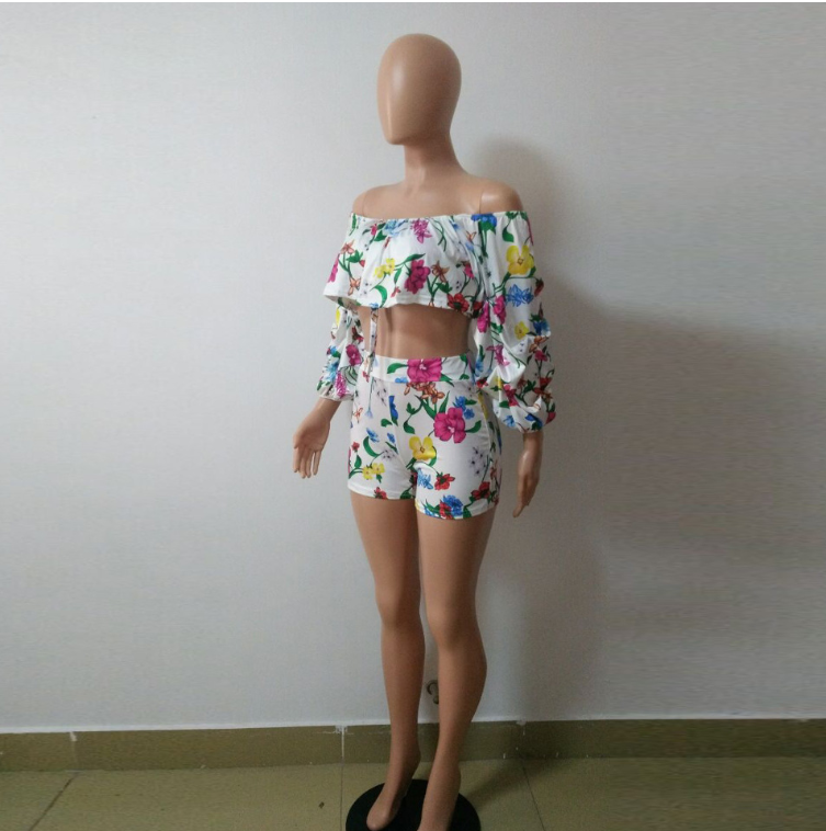 Sexy off the shoulders pile sleeves shorts two-piece - Hendrick Brun