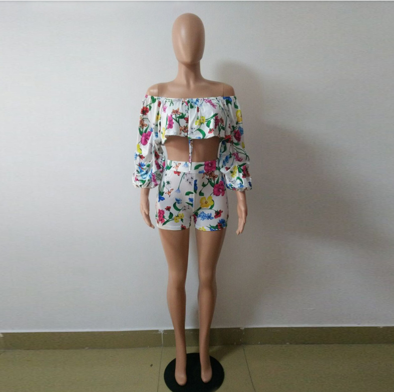 Sexy off the shoulders pile sleeves shorts two-piece - Hendrick Brun