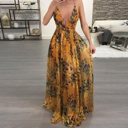 Deep V-neck Chiffon Backless Dress - Hendrick Brun