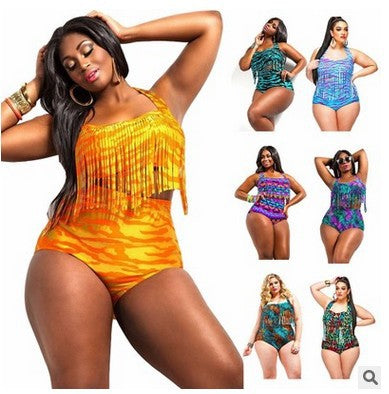 Europe and the United States plus fertilizer XL high waist bikini sexy color tassel swimsuit
