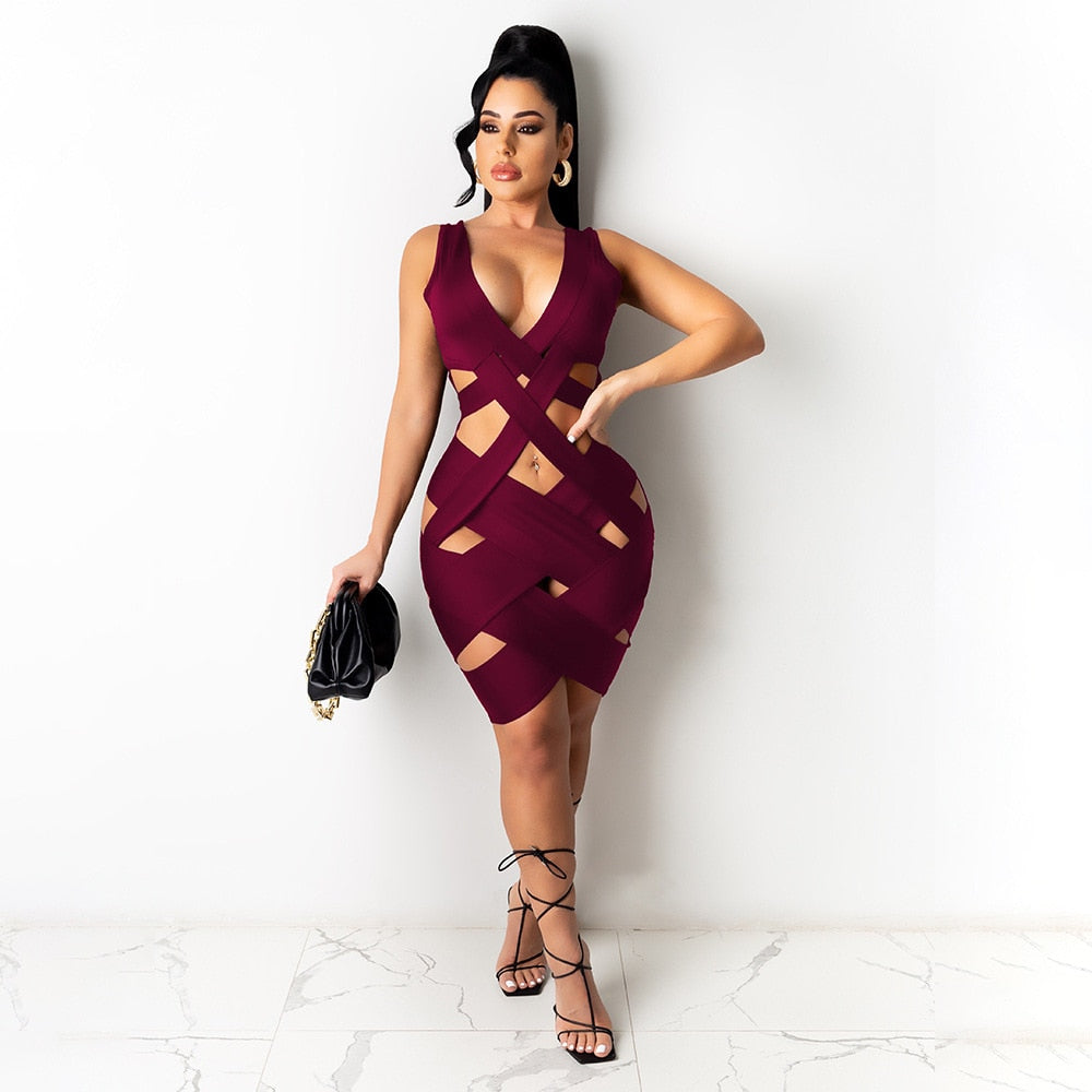 Deep V Neck Backless Bodycon Mini Dress - Hendrick Brun