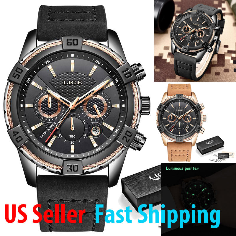 LIGE Mens Watch Waterproof Scratch resistant luminous hands comfortable leather band - Hendrick Brun