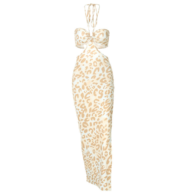 New Autumn And Winter Fashion Print Sexy Halter Neckless Sleeveless Dress